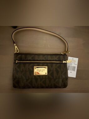 Michael Kors Dark Brown Signature Wristlet with Gold Hardware